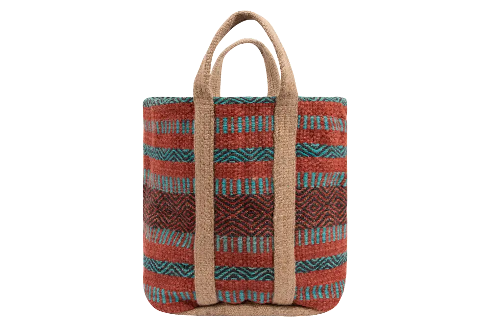 DA9791/JUTEBAG Coral and Teal Striped Jute Bag with Handles-1