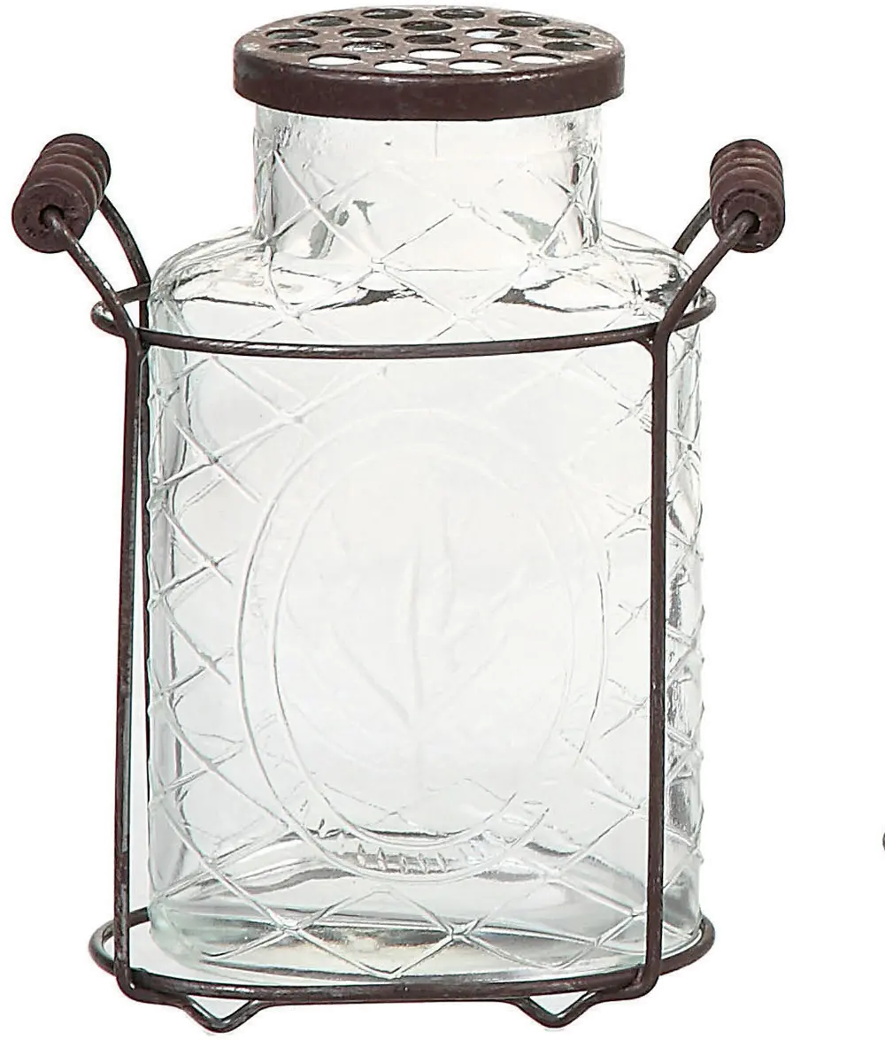 DE3877/GLASSVASE 7 Inch Glass Vase with Metal Frog Lid and Handles-1
