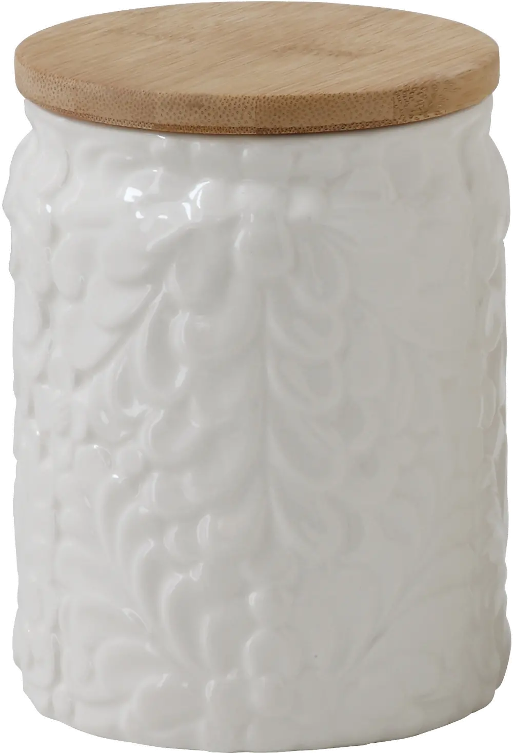 DF0144 5 Inch White Embossed Ceramic Canister with Bamboo Lid-1