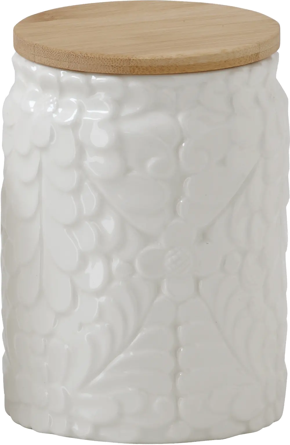 DF0145/WHTCNSTR 6 Inch White Embossed Ceramic Canister with Bamboo Lid-1