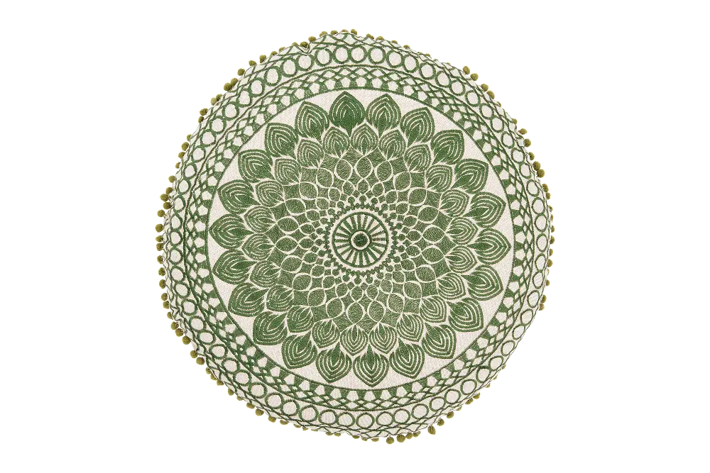 DF0562 Round Green Embroidered Throw Pillow with Pom-Pom Trim-1