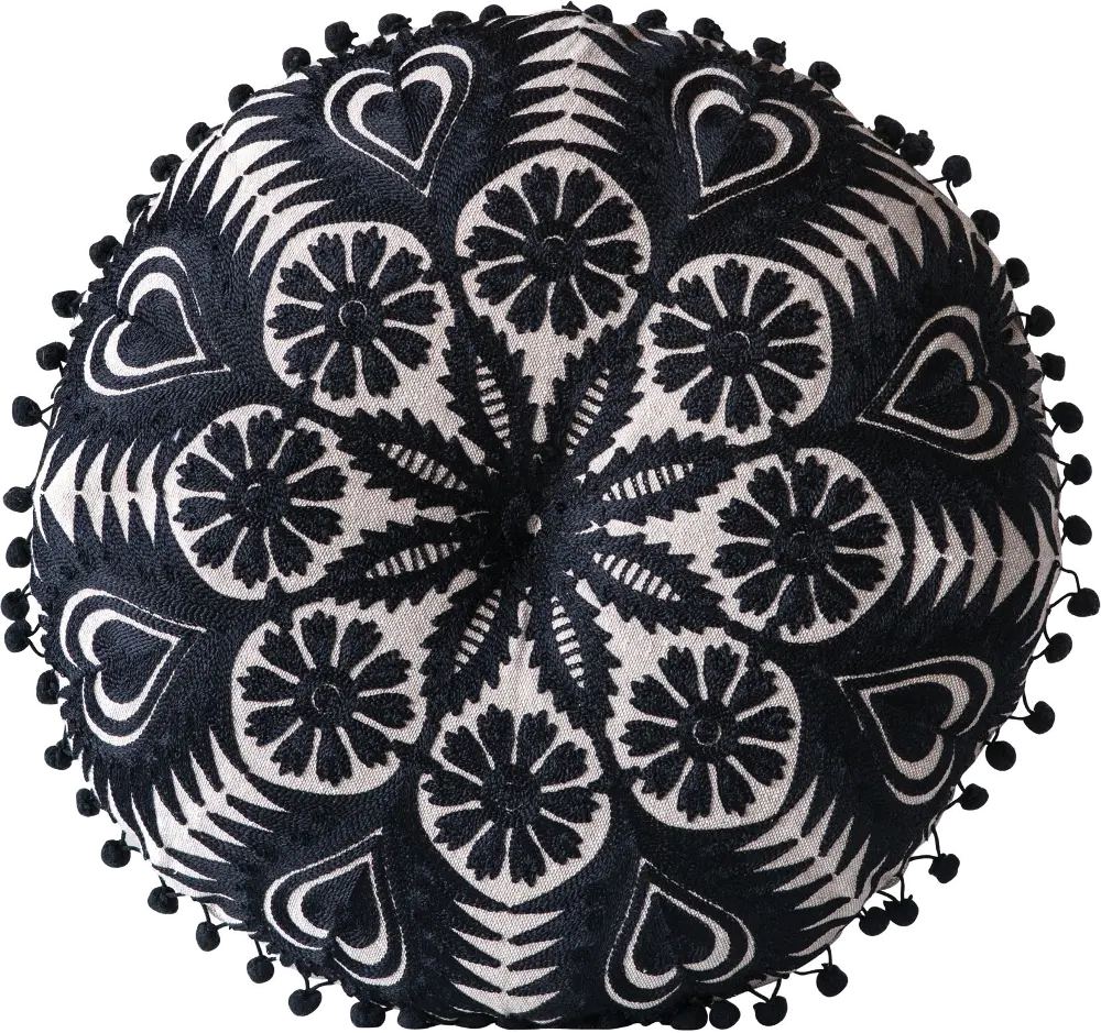 DF0563/BLKPLLW Round Black Embroidered Throw Pillow with Pom-Pom Trim-1