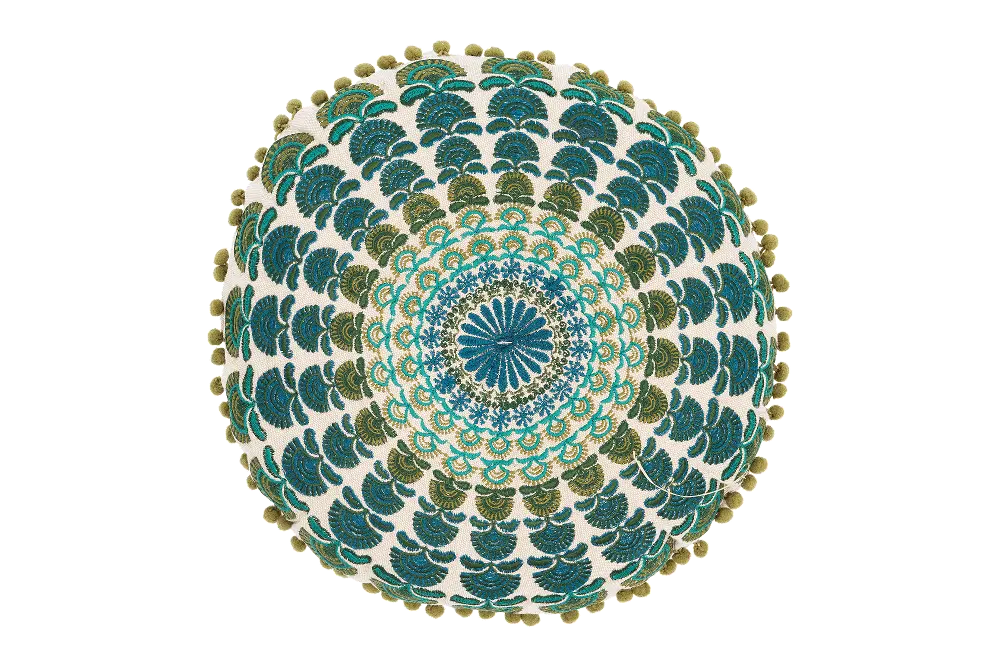 DF0564 Blue and Green Embroidered Round Throw Pillow-1
