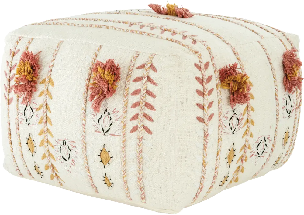 DF1618/CREAMPOUF Cream Embroidered Pouf with Applique and Fringe-1
