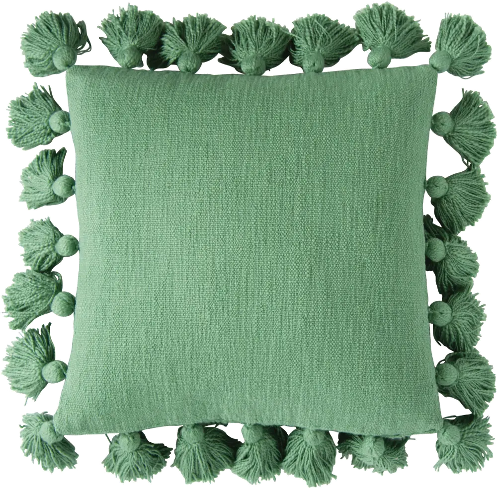 DF1619/GREENPLLW Green Cotton Throw Pillow with Tassels-1
