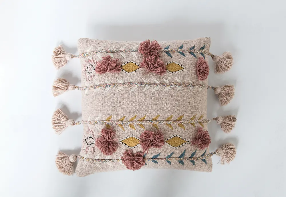 DF1632 Pink Cotton Embroidered Throw Pillow with Tassels-1