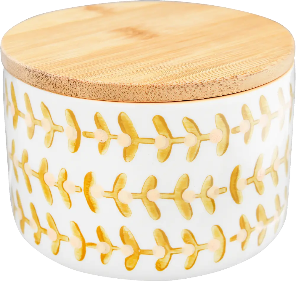 DF2696 Cream Hand Stamped Floral Canister with Bamboo Lid-1