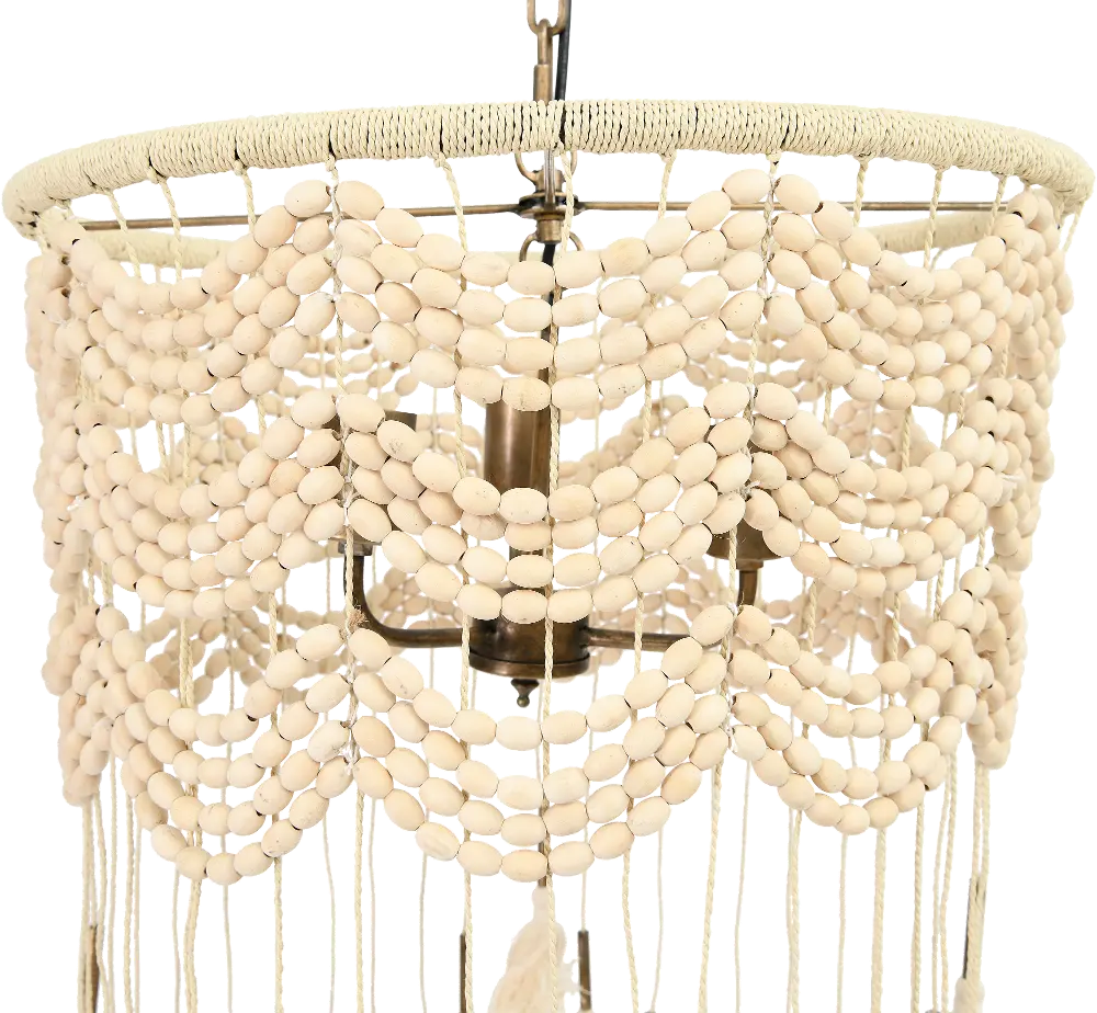 Cotton, Metal and Wood Bead Pendant Lamp with Tassels-1