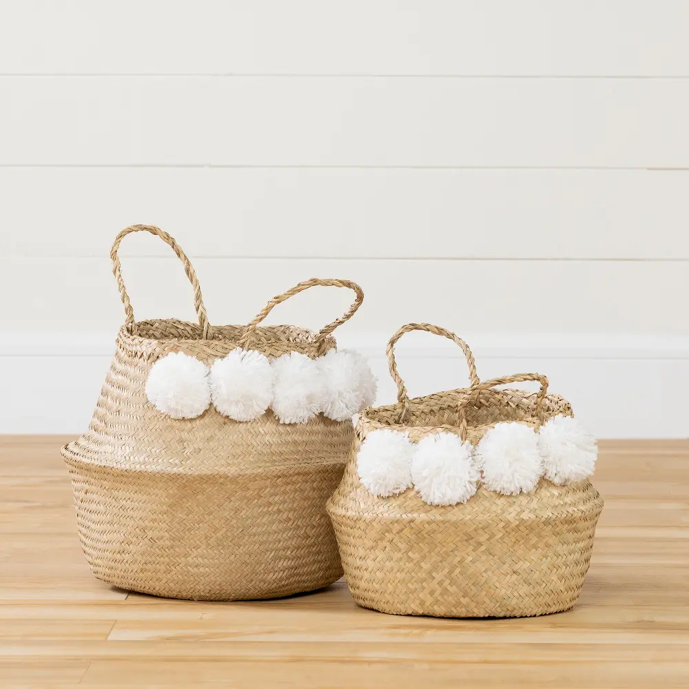 100389 Natural Seagrass and White Baskets (Set of 2) - Storit-1