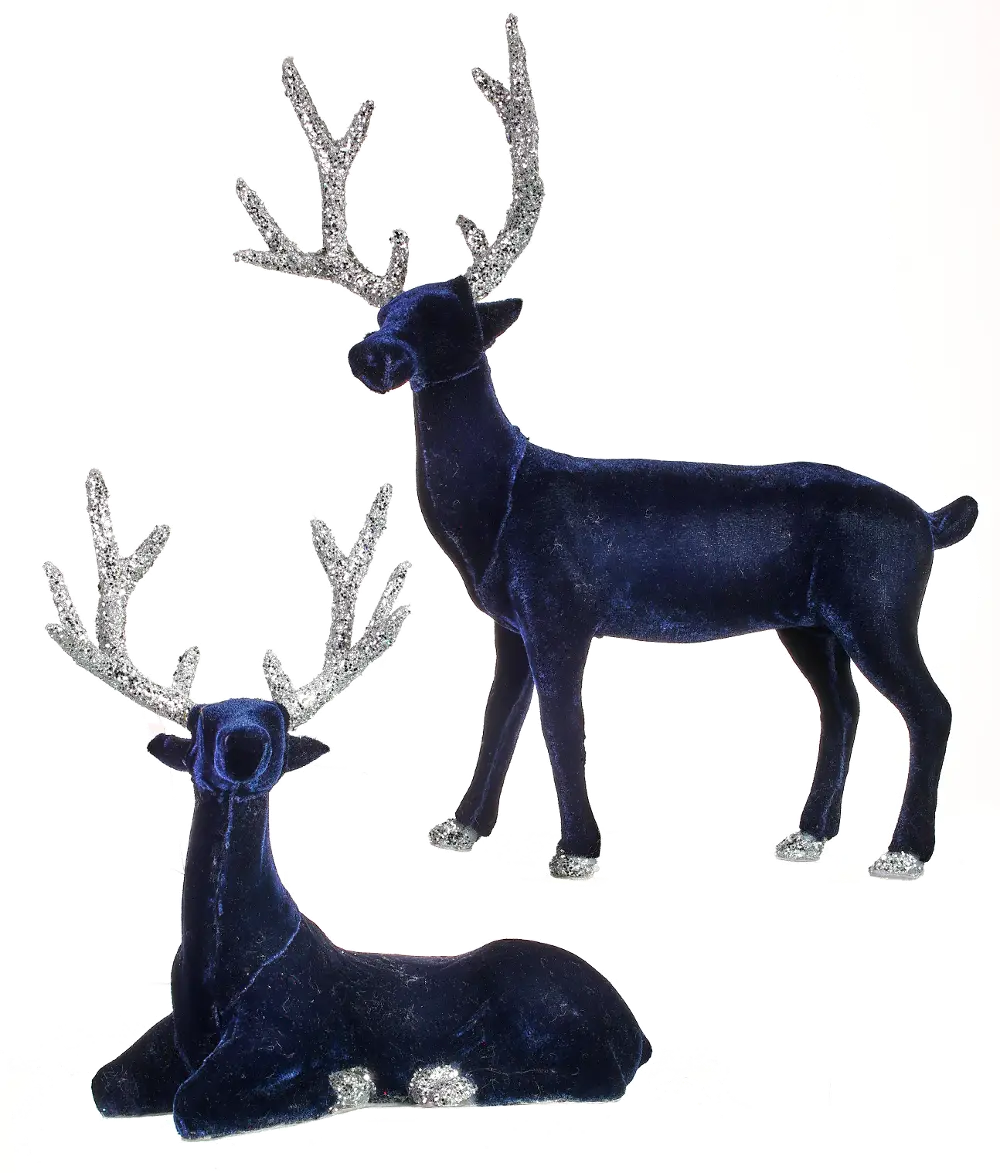 Assorted Blue Velvet Deer Faux Figurine with Glitter Antlers-1