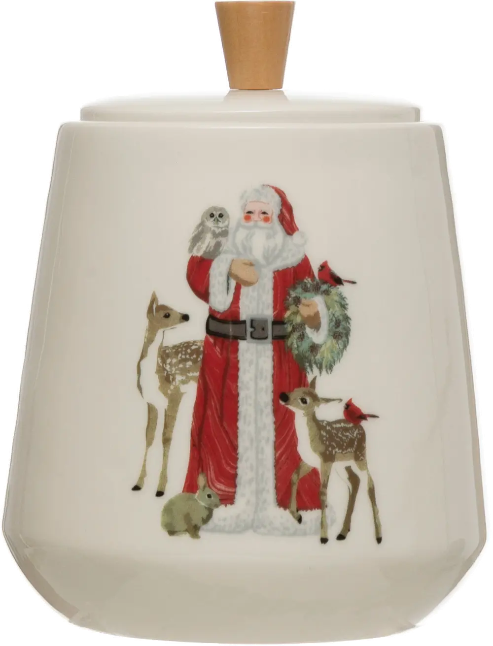 XM5613/SANTASTNWR Off White Stoneware Canister with Santa and Wooden Knob-1