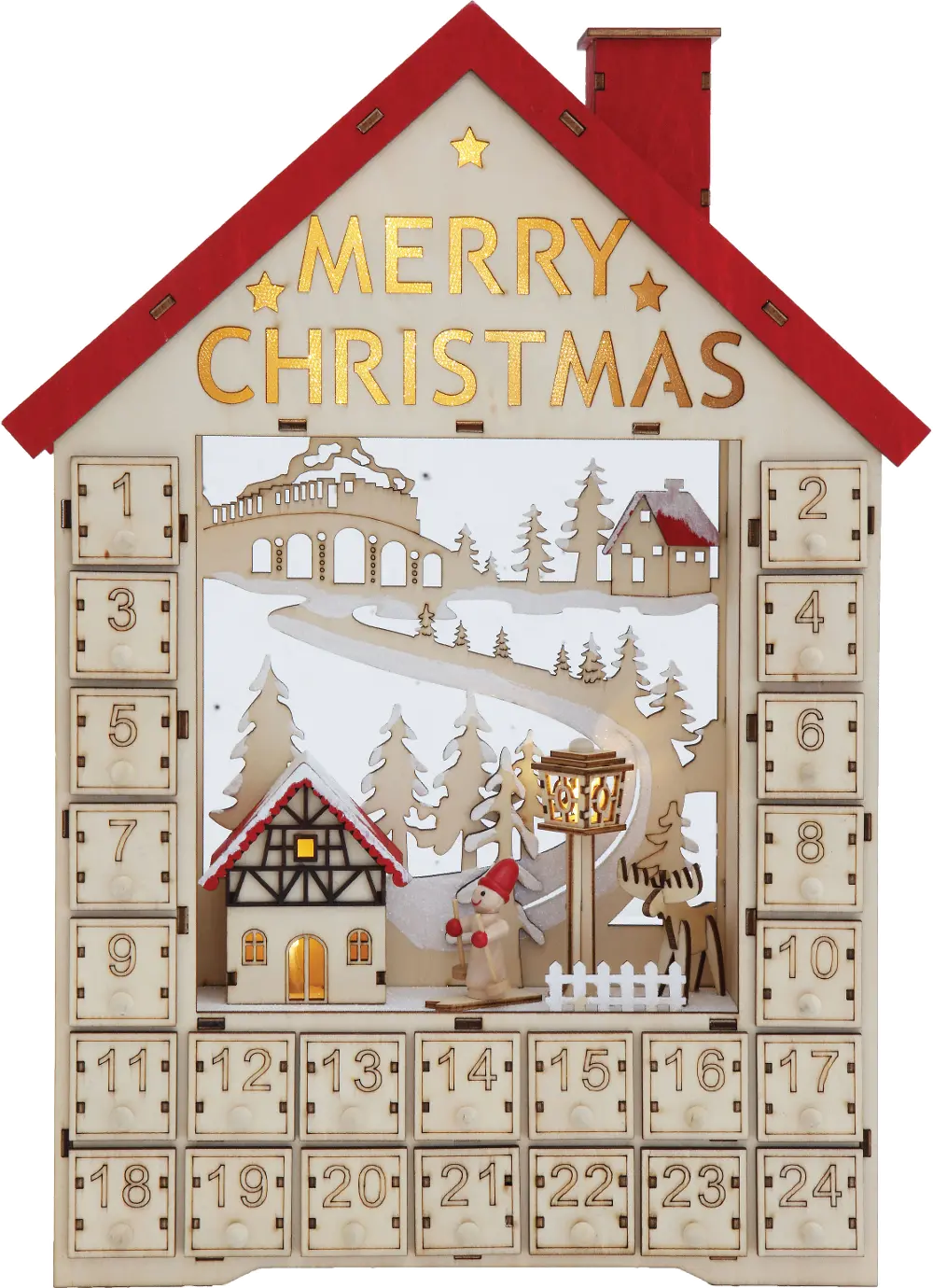 XM2273/ADVENTHOUSE Natural and Red Wood Advent Calendar House with LED Light-1