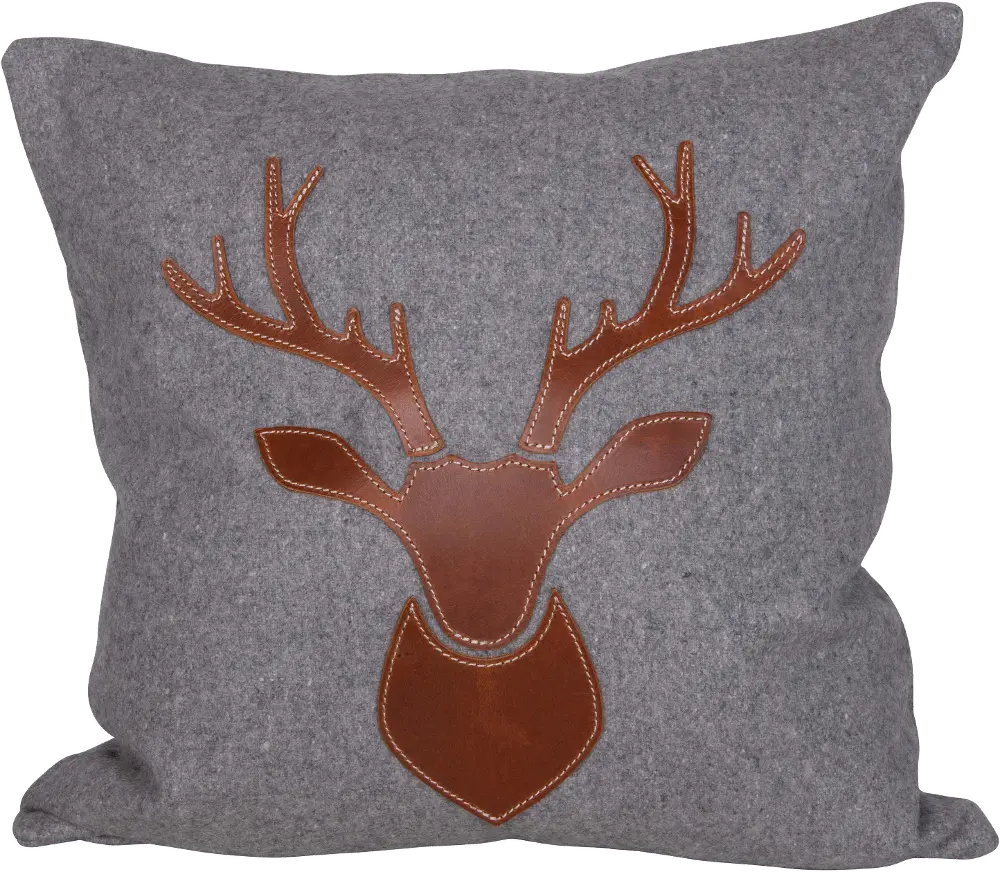 XM6949 Gray Throw Pillow with Leather Applique Reindeer-1