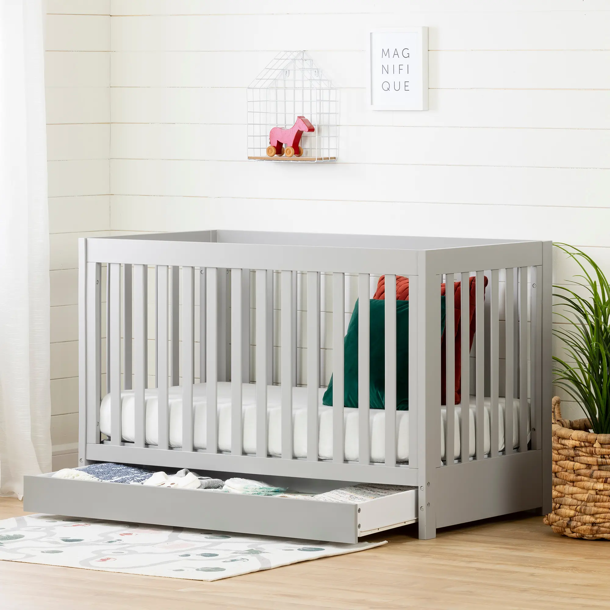 Yodi Modern Light Gray Crib with Drawer and Toddler Rail - South Shore