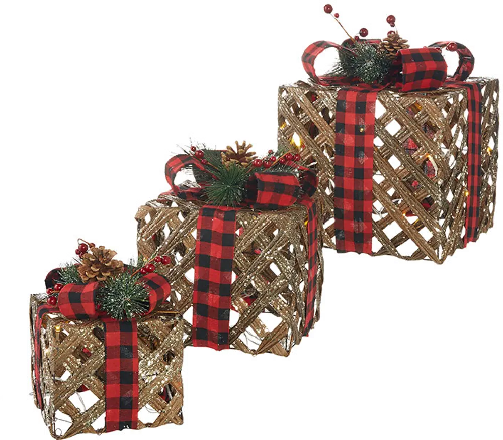 String of Brown Metal Lighted Packages with Plaid Bows-1
