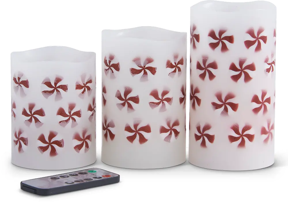White and Red Peppermint LED Flameless Pillar Candles (Set of 3)-1