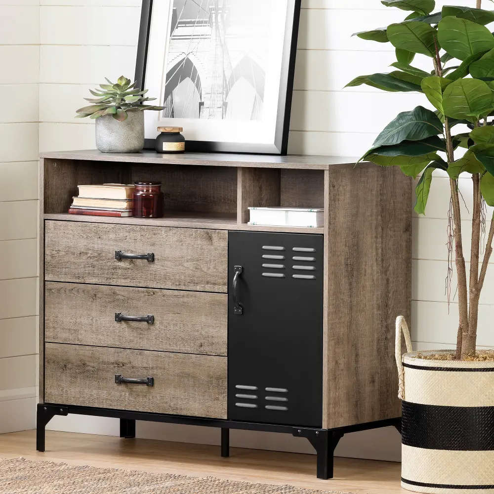 12339 Industrial Matte Black and Weathered Oak 3 Drawer Buffet - Valet-1
