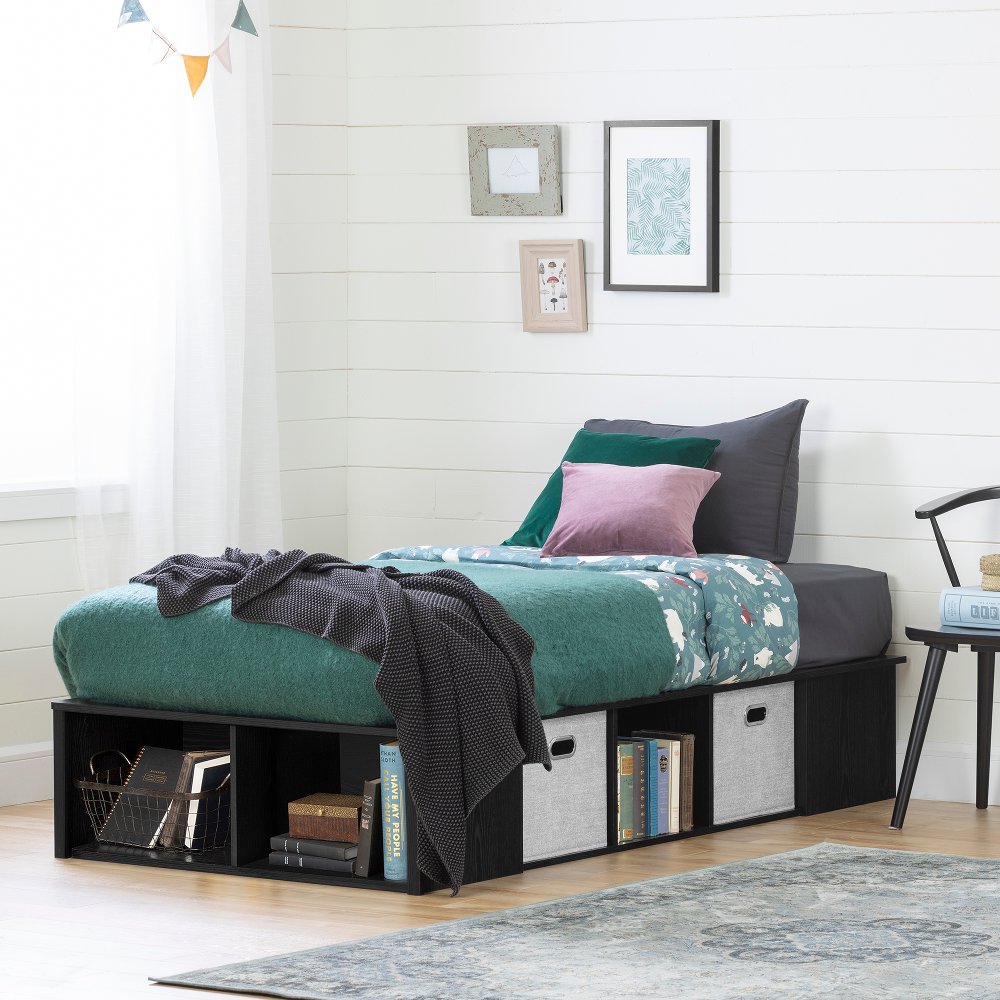 Black Oak Twin Platform Bed with Storage Bins - South Shore