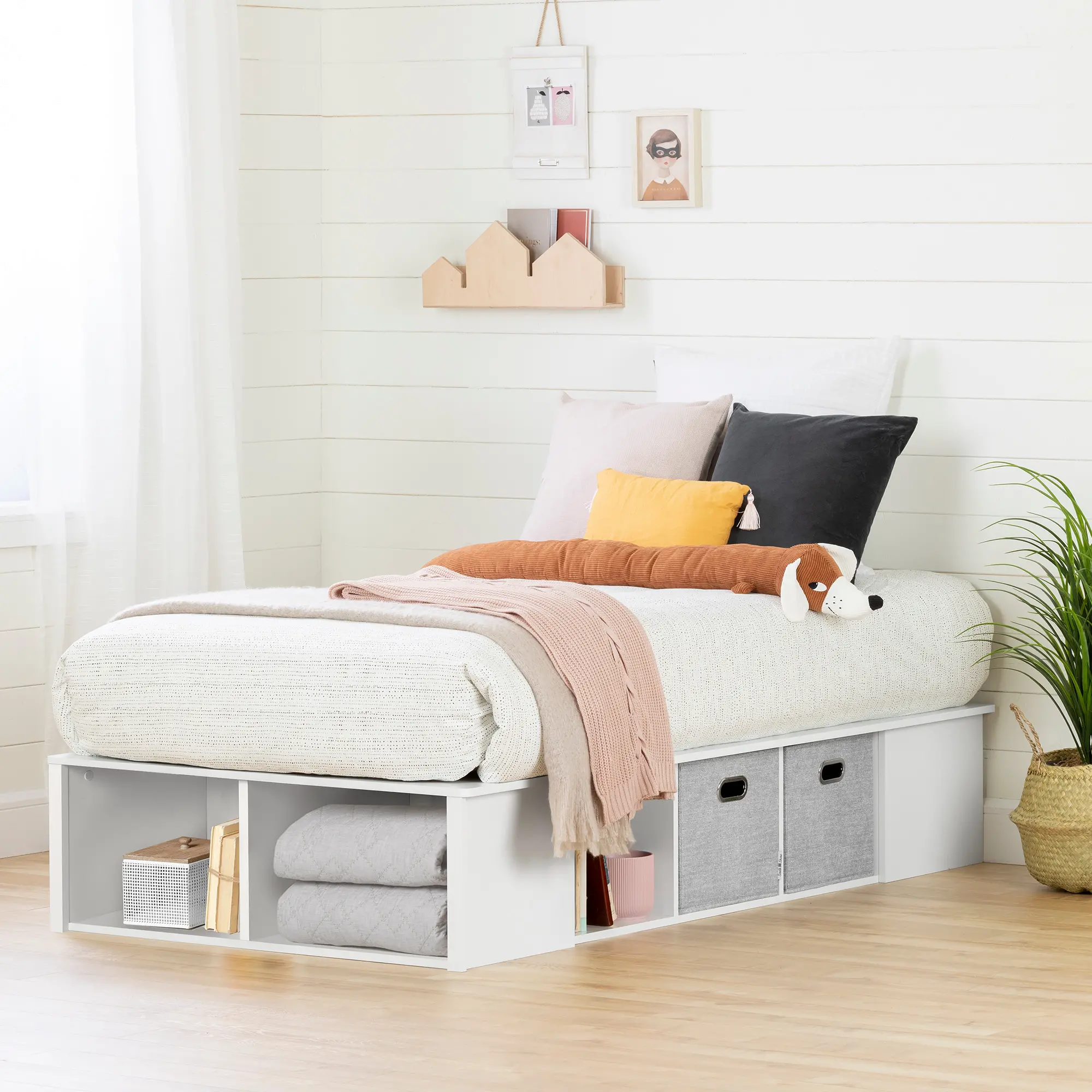 White Twin Platform Bed with Storage Bins - South Shore