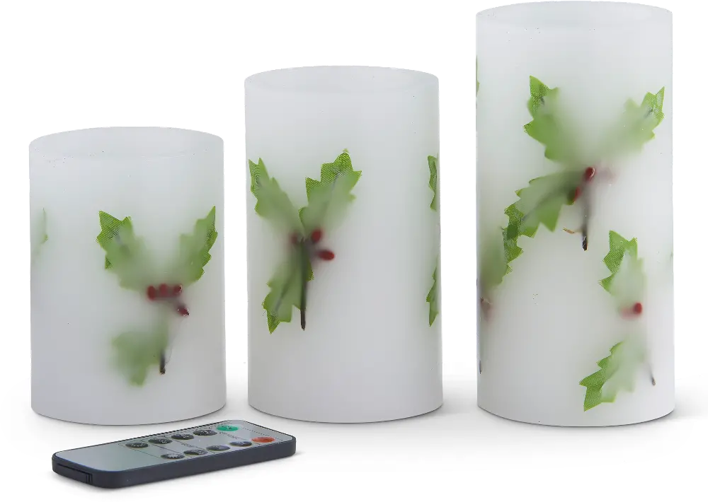 Faux Holly LED Flameless Wax Pillar Candles (Set of 3)-1