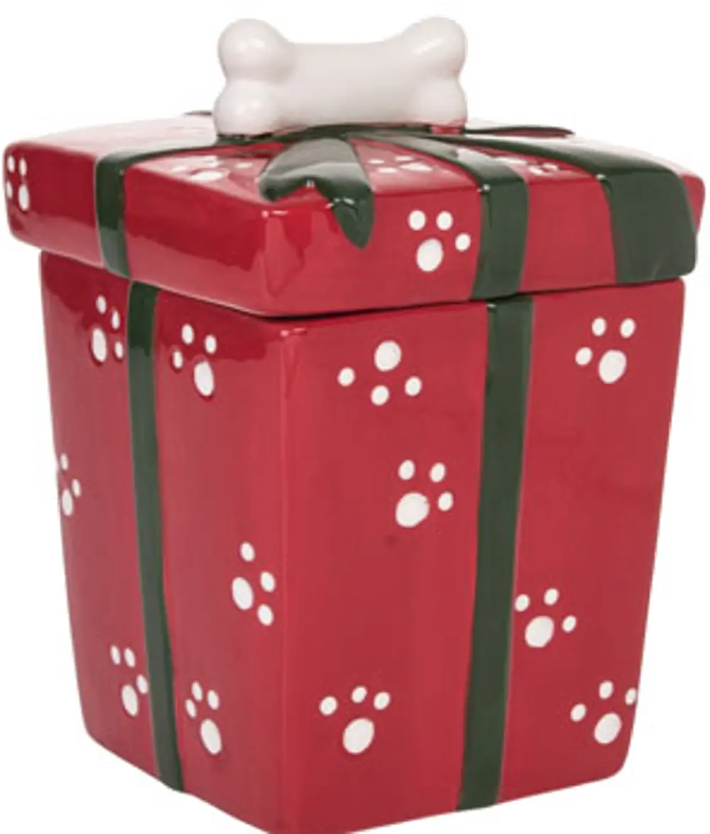 Red and White Present Dog Treat Jar Holiday Decoration-1