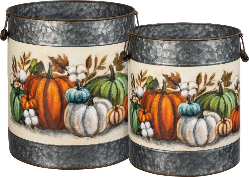 11 Inch Gray Bucket with Multi Color Pumpkins-1