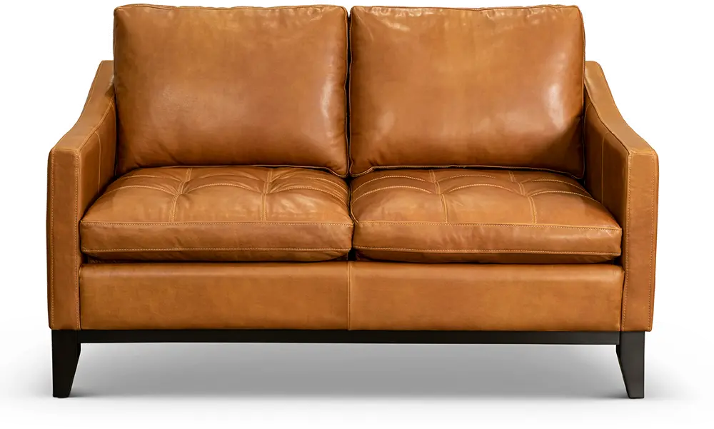 Mid Century Modern Chestnut Brown Leather Loveseat - Mozna-1
