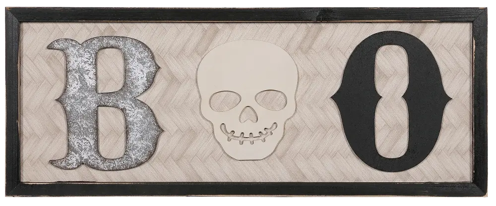 Cream, Black and Gray Wooden Boo Skull Halloween Wall Decor-1