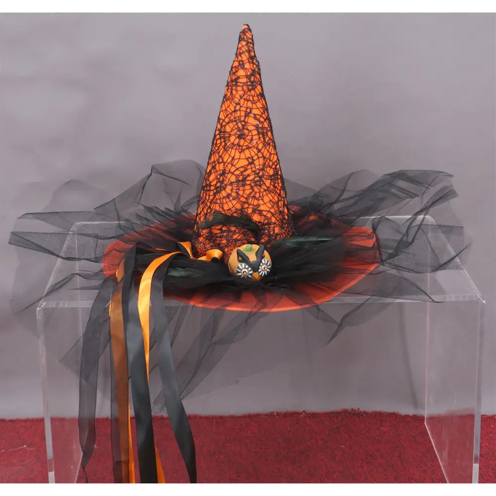 Orange and Black Fabric and Lace Witch Hat with Pumpkin Detail-1
