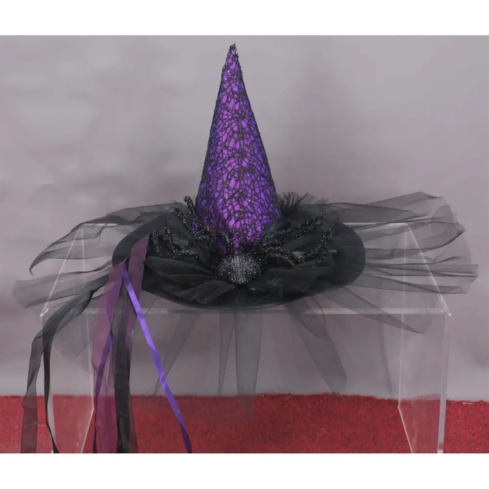 Purple and Black Fabric Witch Hat with Spider Detail-1