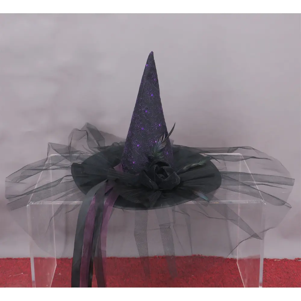 Black Velvet Witch Hat with Purple Sequin and Velvet Rose-1