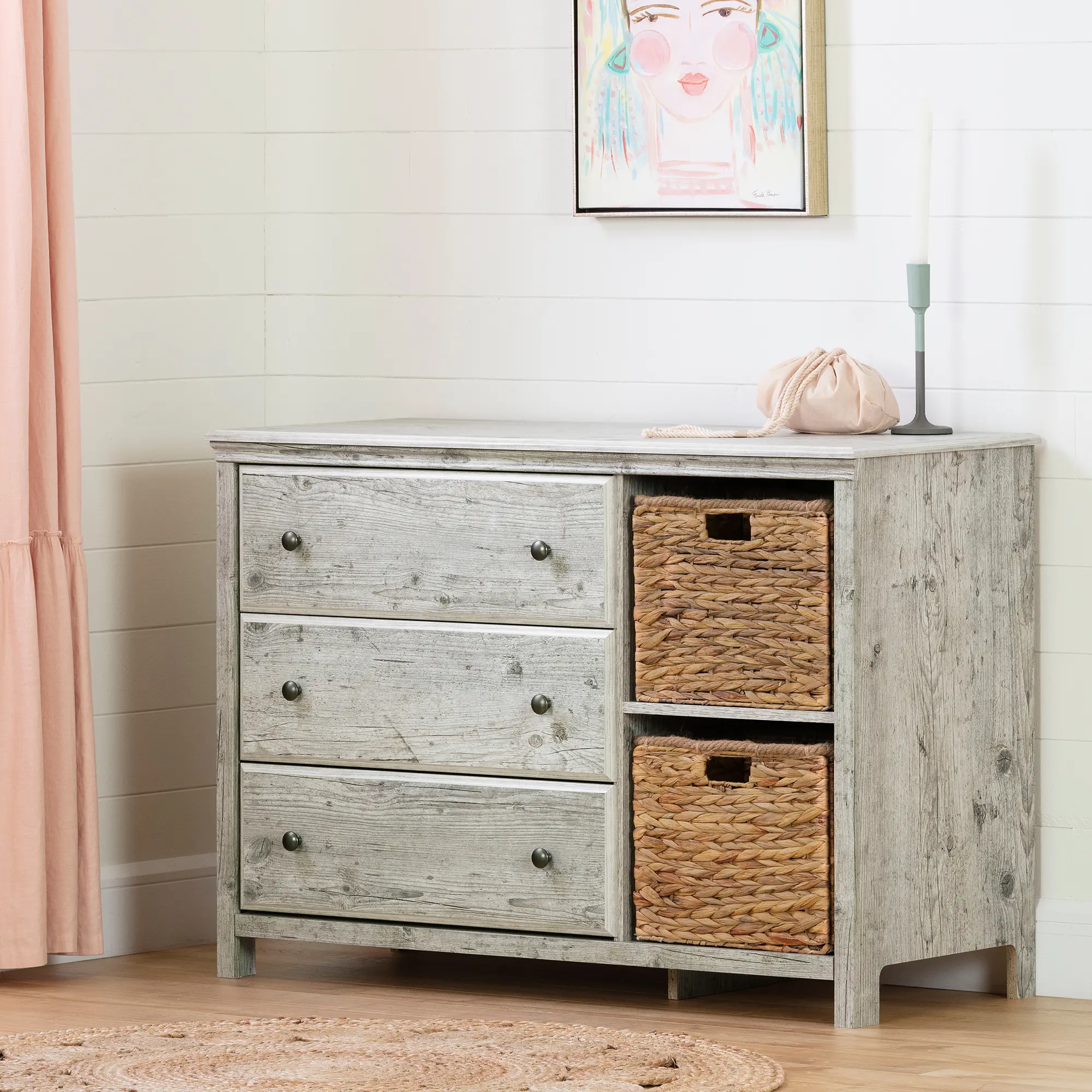Cotton Candy Pine 3 Drawer Dresser with Baskets - South Shore