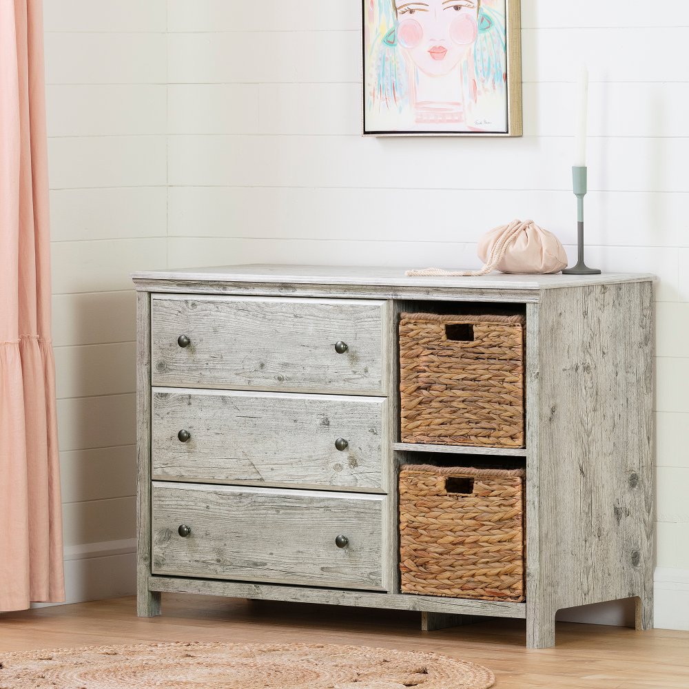 Cotton Candy Pine 3 Drawer Dresser with Baskets - South Shore