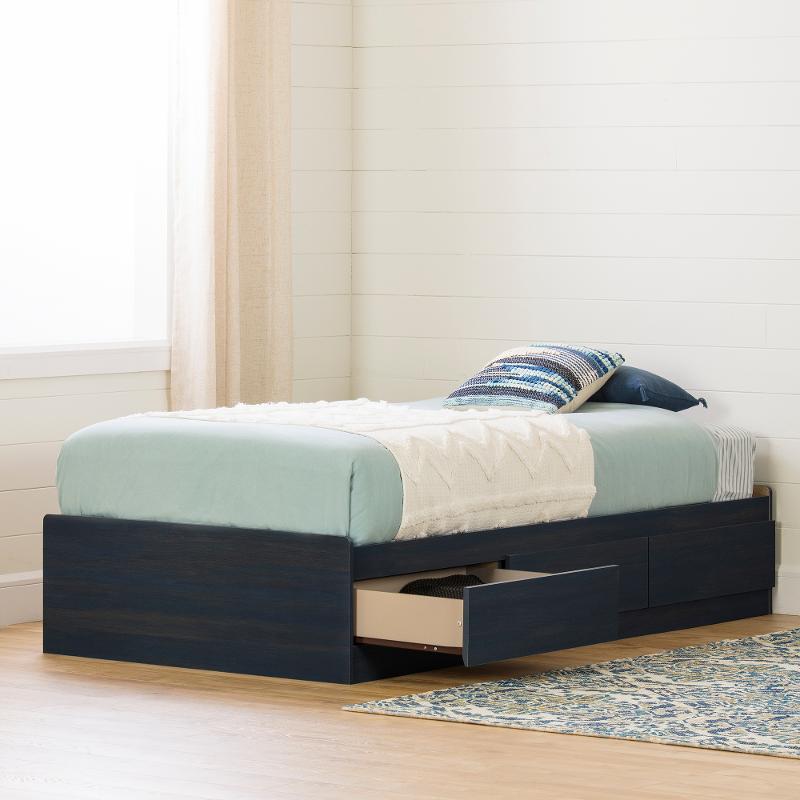 Contemporary Blue Twin Storage Platform, Twin Size Bed Frame With Shelves
