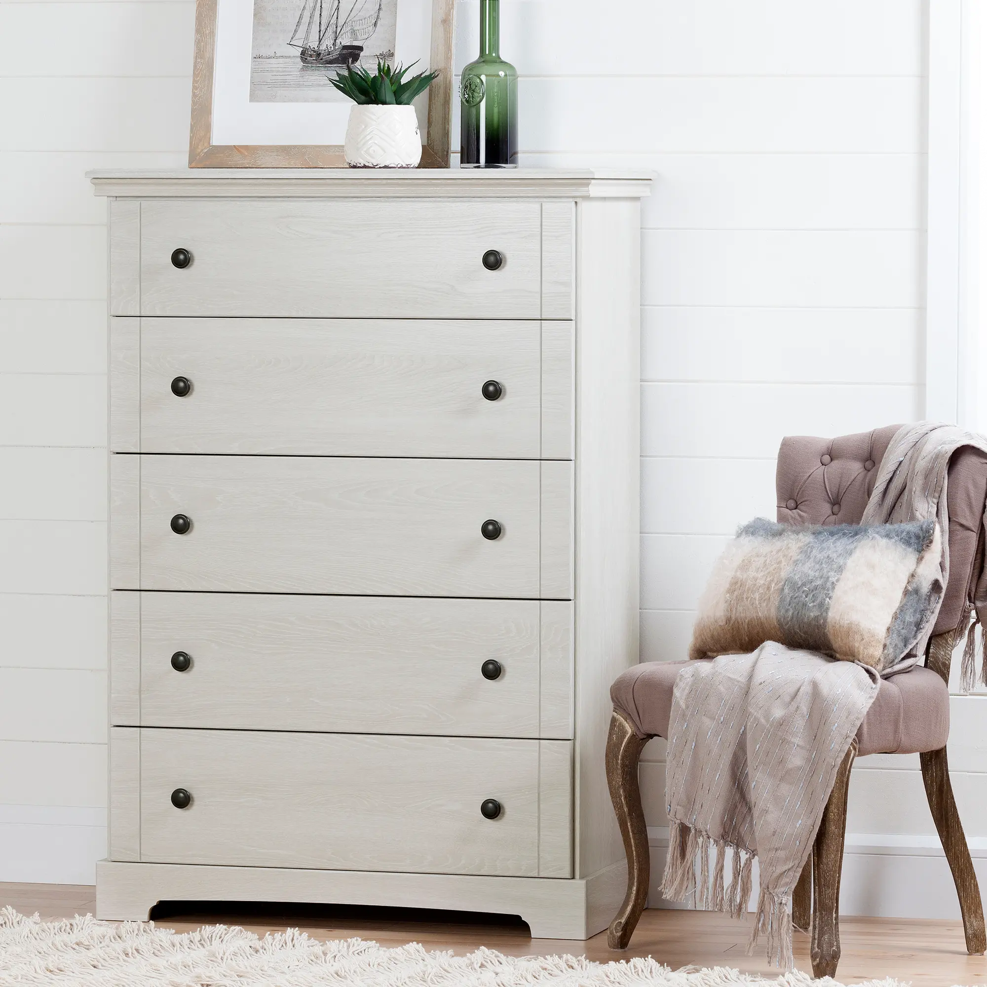 Lilak Cottage Winter Oak White Chest of Drawers - South Shore