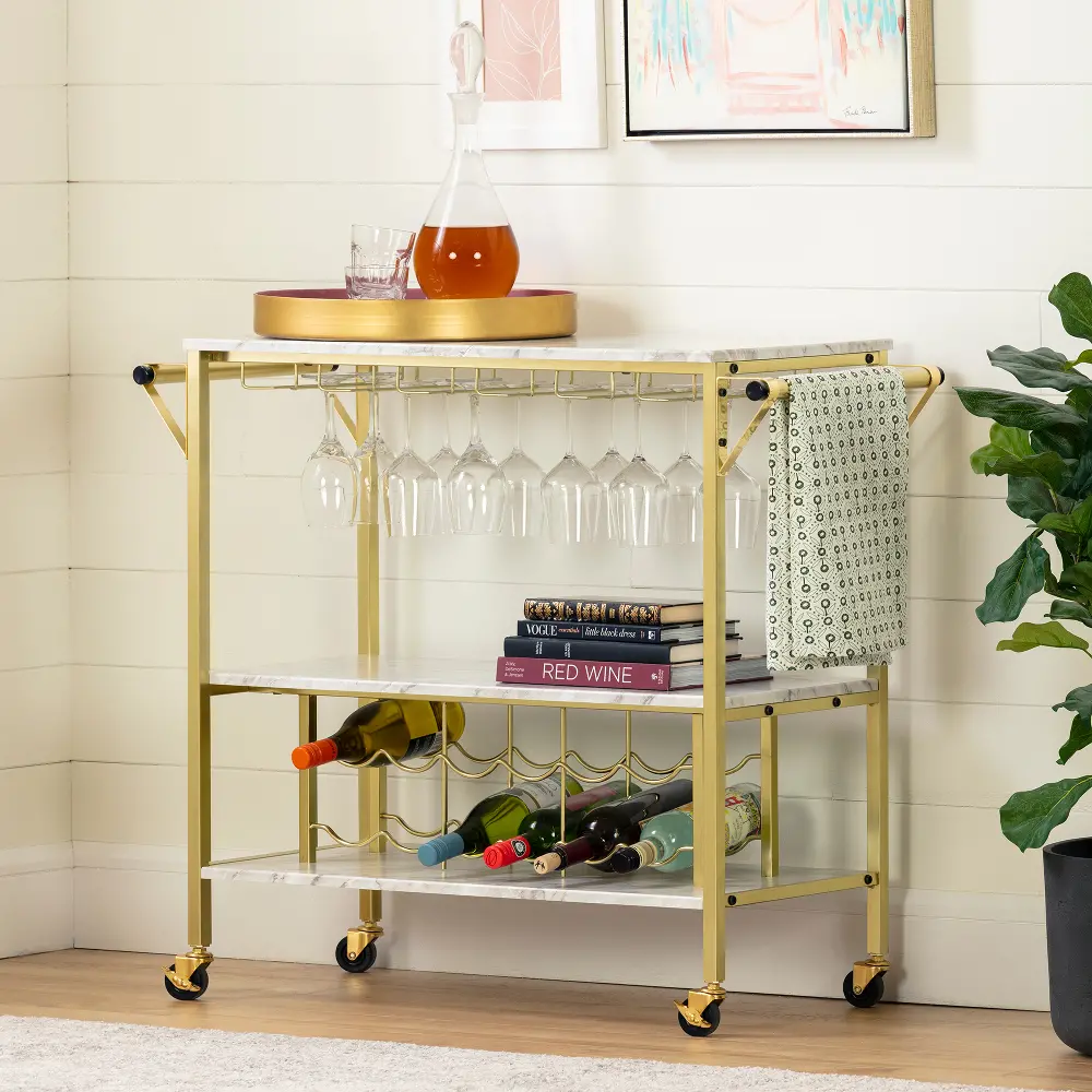 12804 White Faux Marble and Gold Bar Cart - Maliza-1