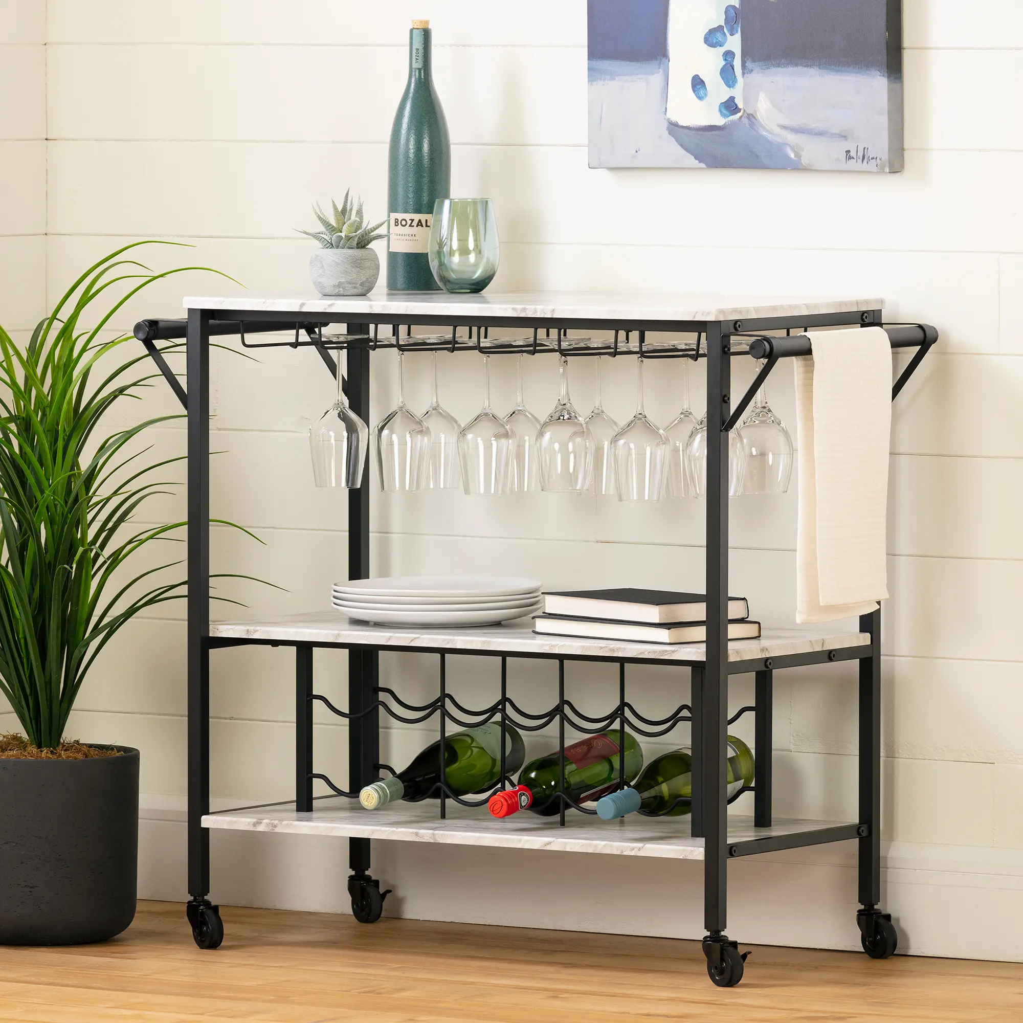 Maliza White Faux Marble and Black Bar Cart - South Shore