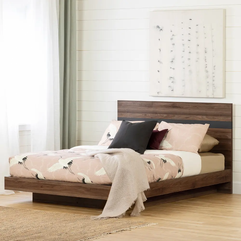 12143 Modern Walnut and Charcoal Queen Platform Bed - South Shore-1