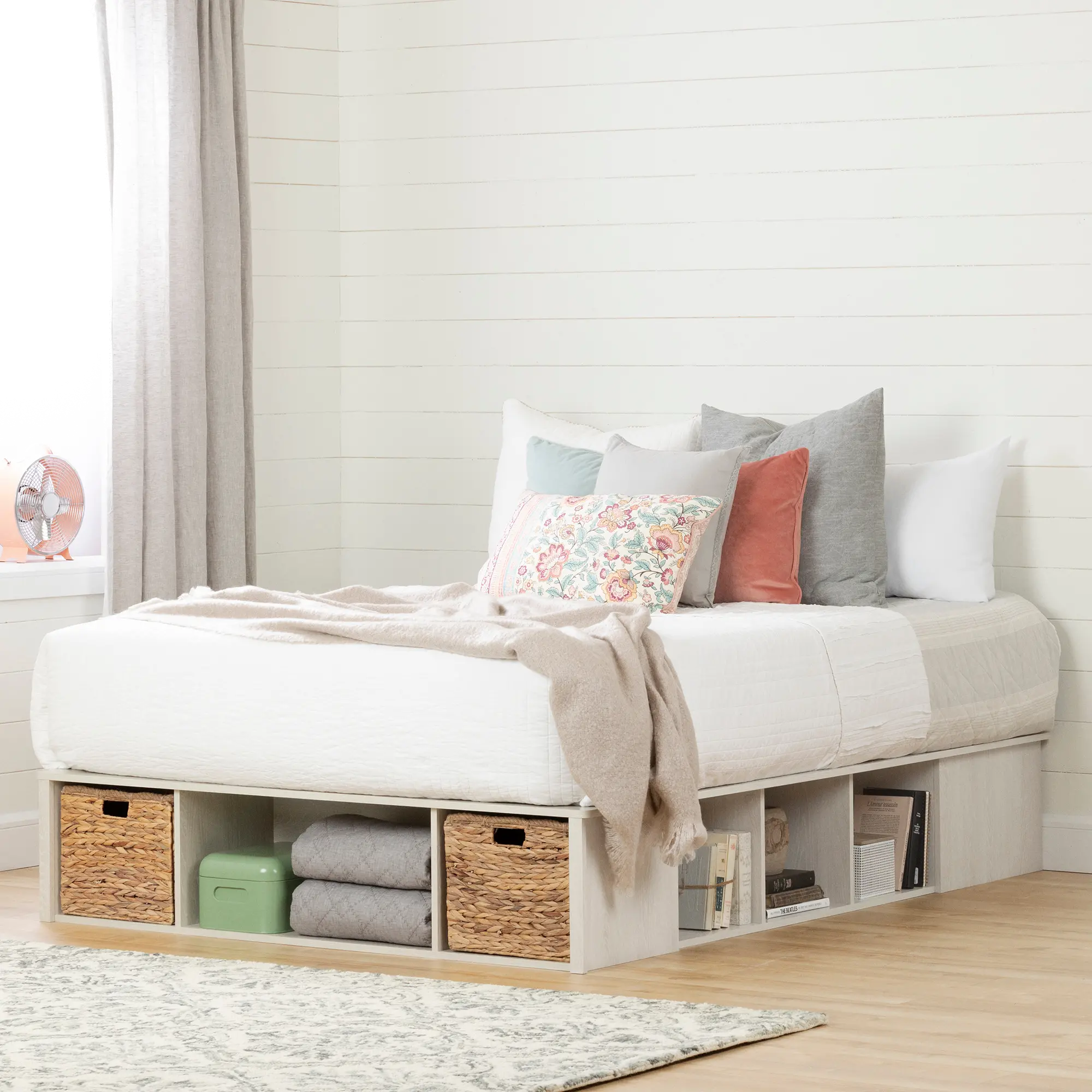 Lilak Winter Oak White Queen Storage Bed with Baskets - South Shore