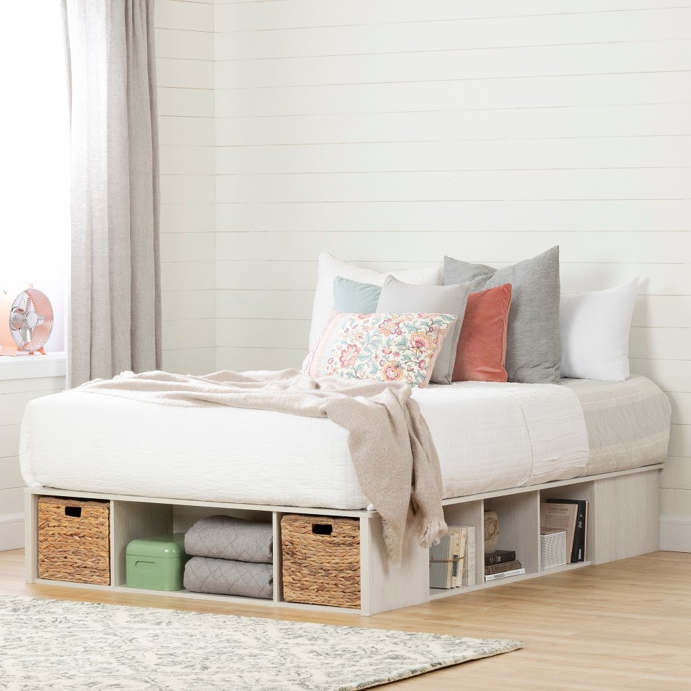 Lilak Winter Oak White Queen Storage Bed with Baskets - South Shore