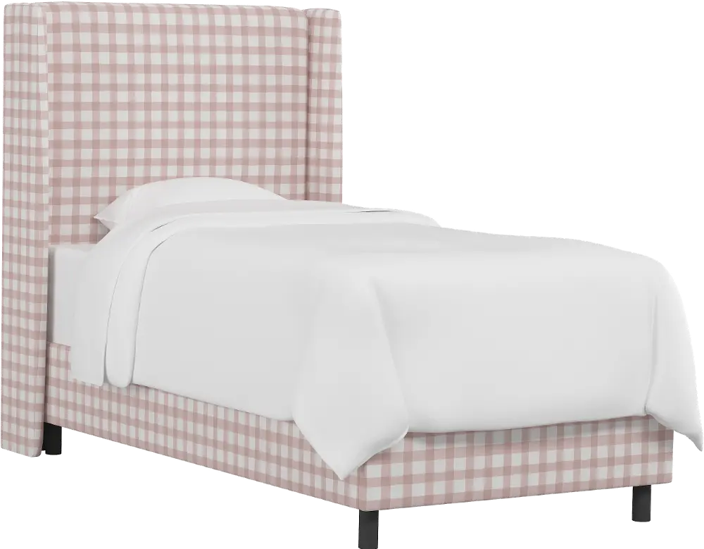 K-430BEDBFFLGNGBBPNKOGA Contemporary Pink Gingham Twin Upholstered Wingback Bed-1