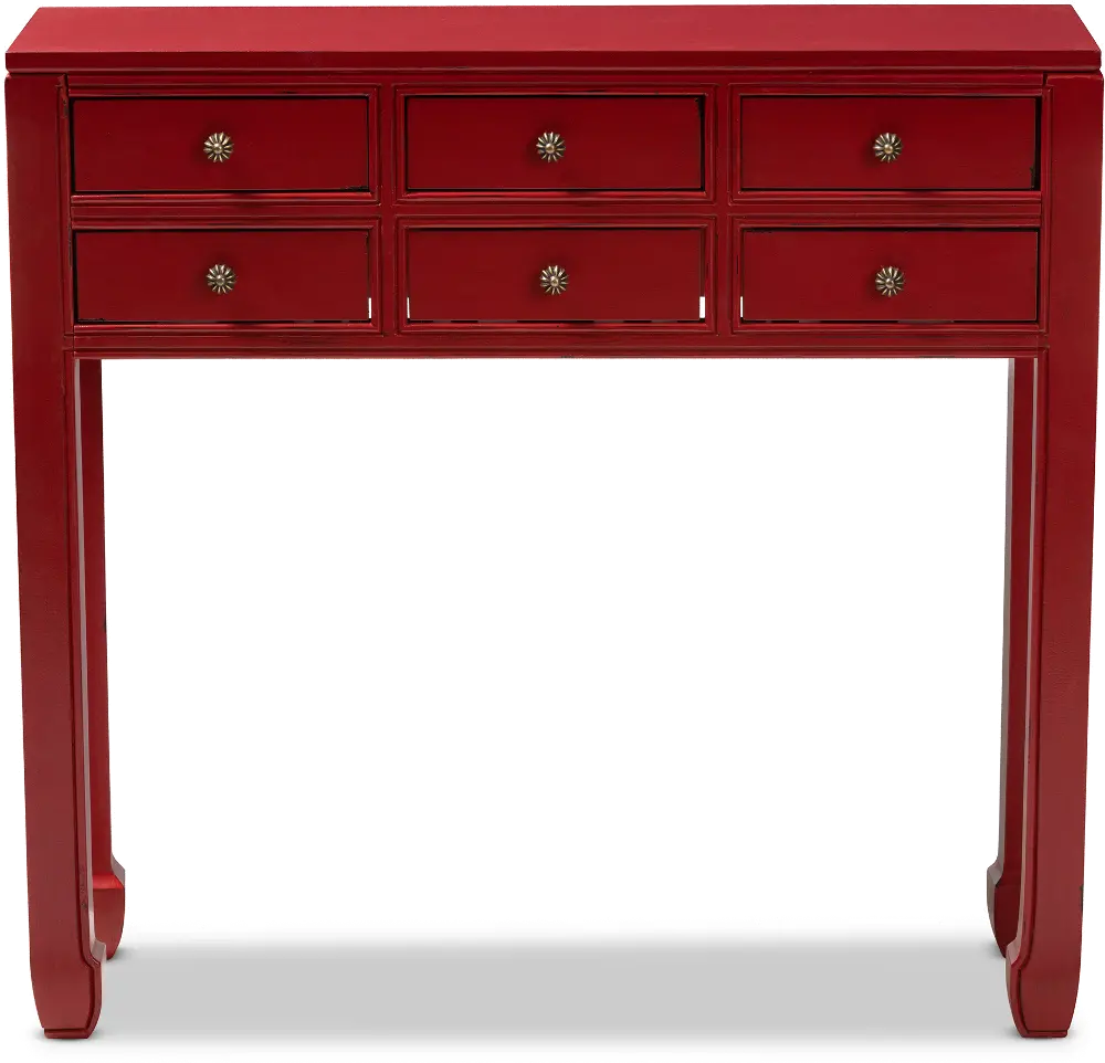 148-8192-RCW Antique Red-Finished Wood 6-Drawer Sofa Table -  Zavanna-1