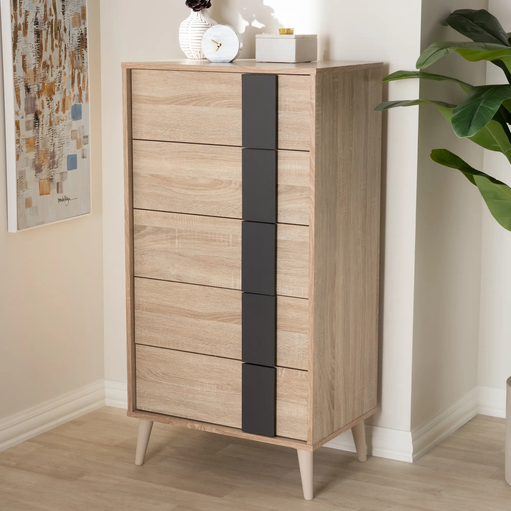 Modern Oak and Gray 5 Drawer Chest of Drawers - Silas