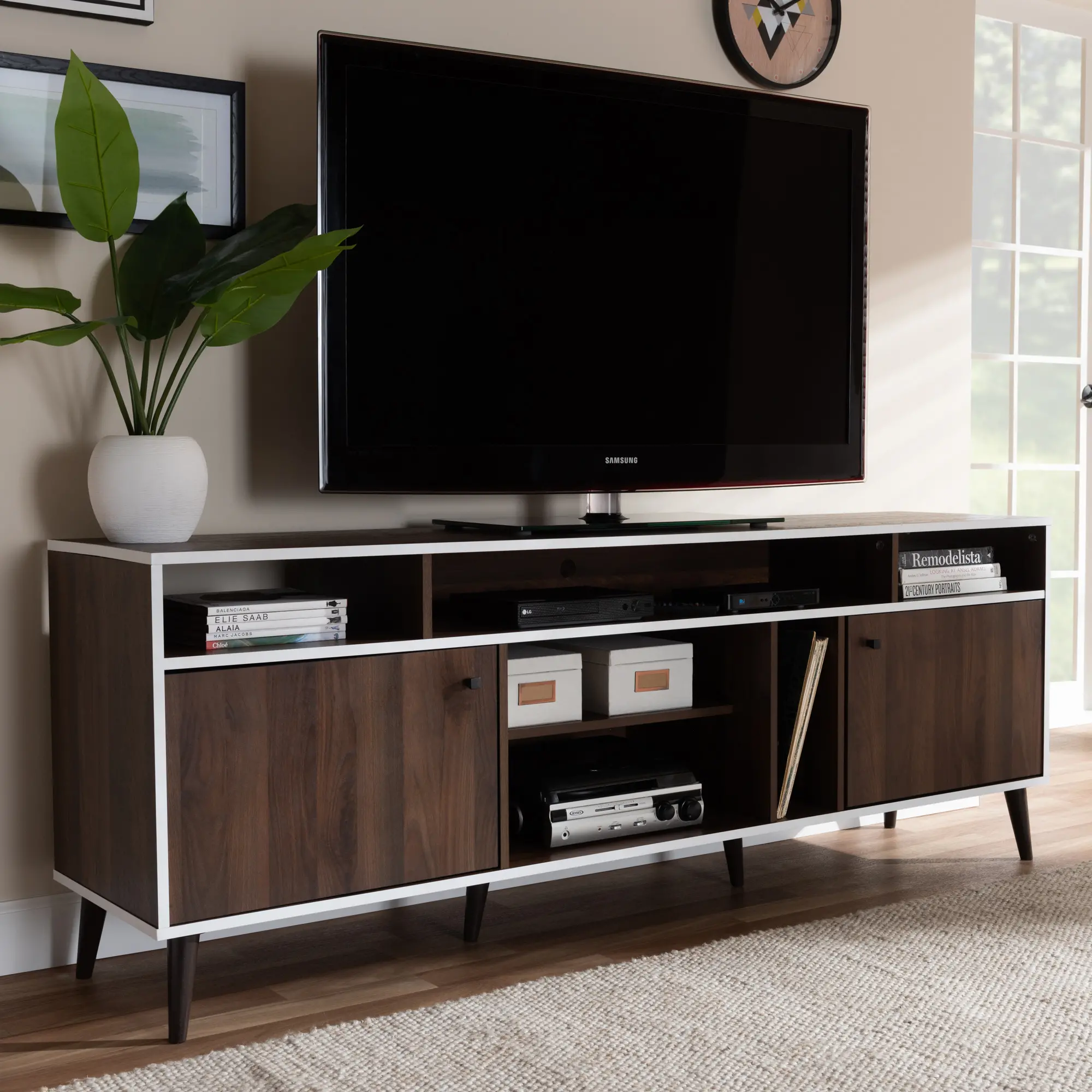 Mid-Century Modern Brown and White TV Stand - Staci