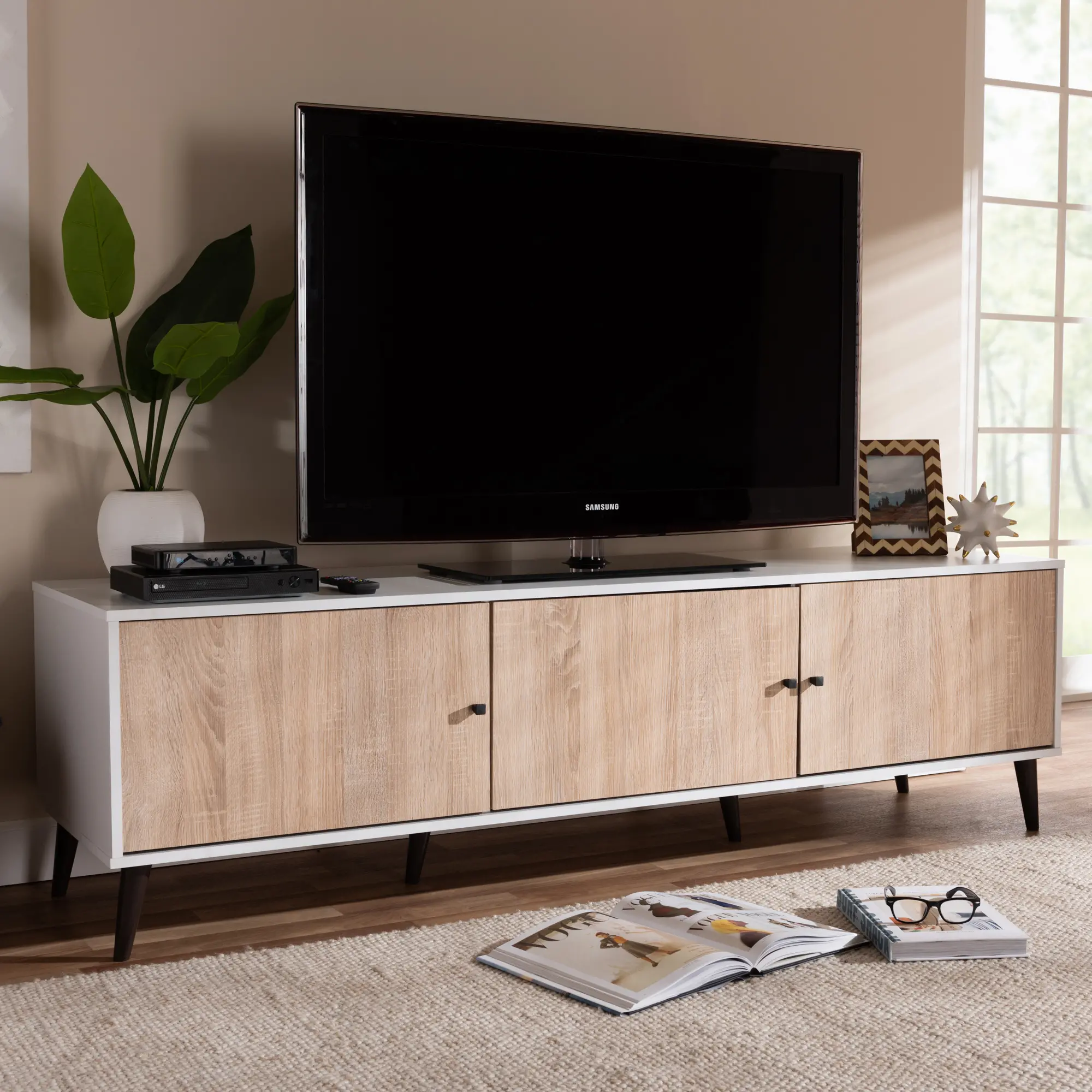 Mid-Century Modern White and Light Oak 6-Shelf TV Stand - Brennan
