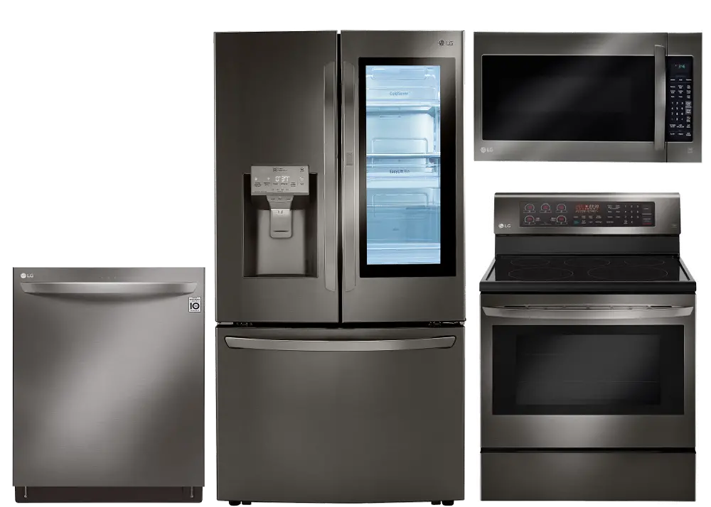KIT LG 4 Piece Electric Kitchen Appliance Package with French Door Smart Refrigerator - Black Stainless Steel-1