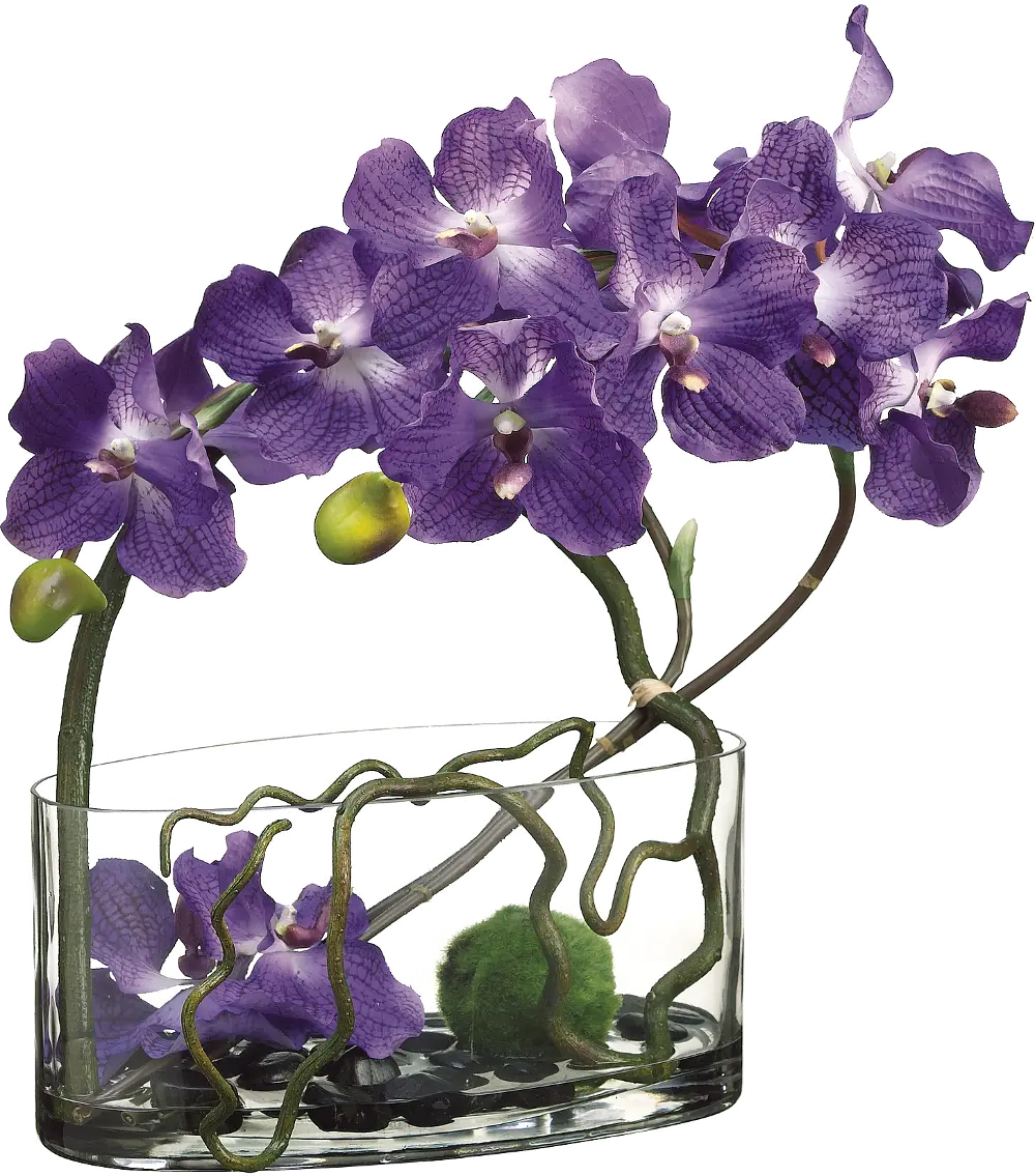 Faux Purple Vanda Orchid with Twig and Moss Ball in Glass Vase-1