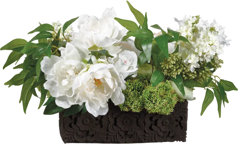 White and Green Lilac and Peony Arrangement in Carved Pot-1