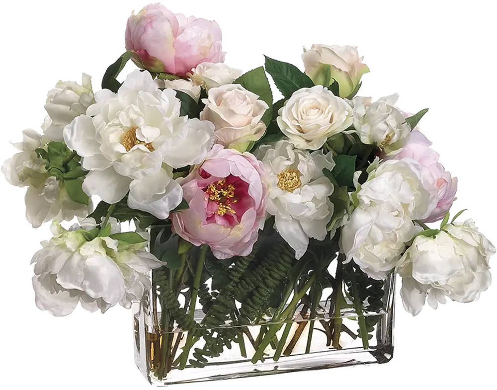 Pink Peony and Rose Mix Faux Arrangement in Glass Vase-1
