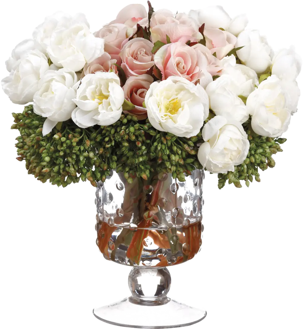 Cream and Pink Faux Ranunculus Rose and Berry Arrangement in Glass Vase-1